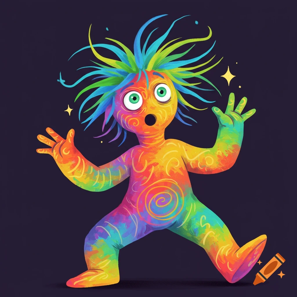 Colorful, rainbow character with spiky hair looking surprised.