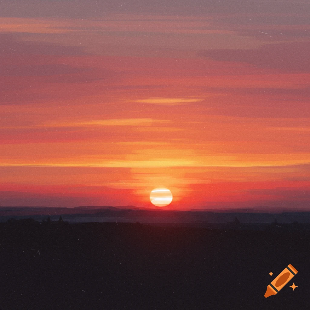 A vibrant sunset over a dark landscape silhouette with a textured sky.