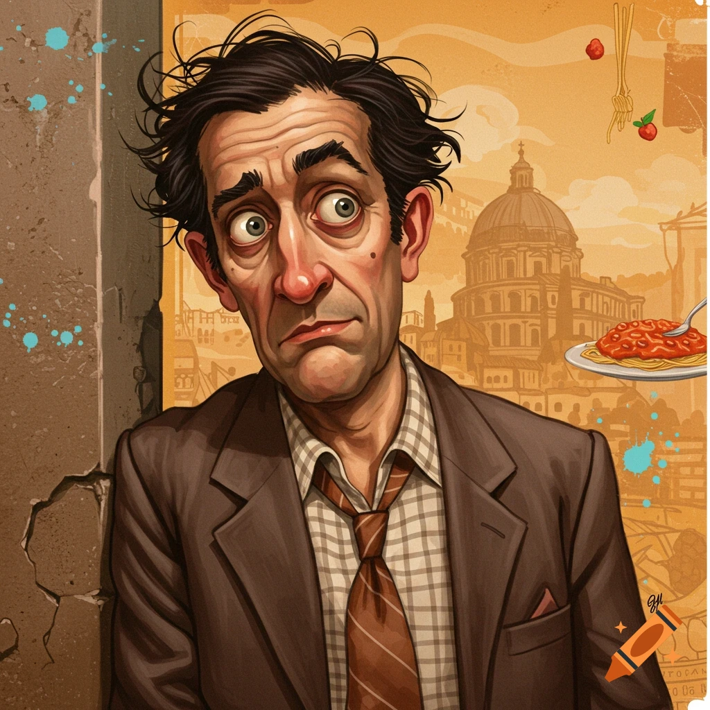 Caricature of a worried man with wild hair in a suit and tie against a background of Roman architecture and spaghetti.