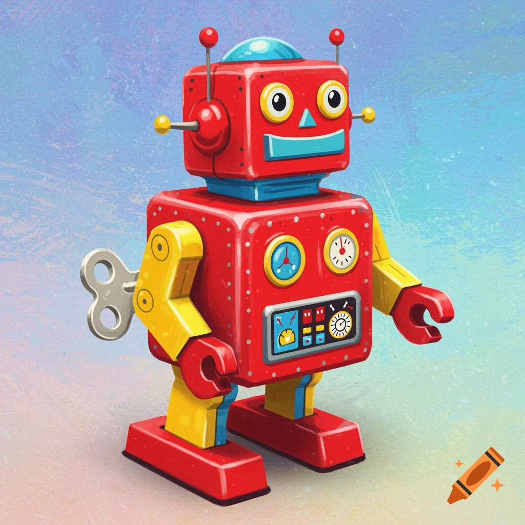 A red, yellow, and blue vintage wind-up toy robot in a whimsical style.