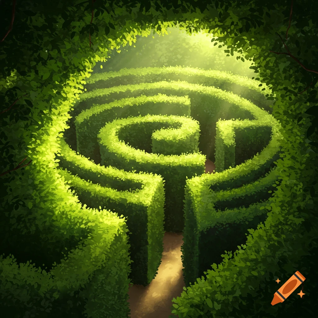 A green hedge maze seen from above with sunlight filtering through trees.
