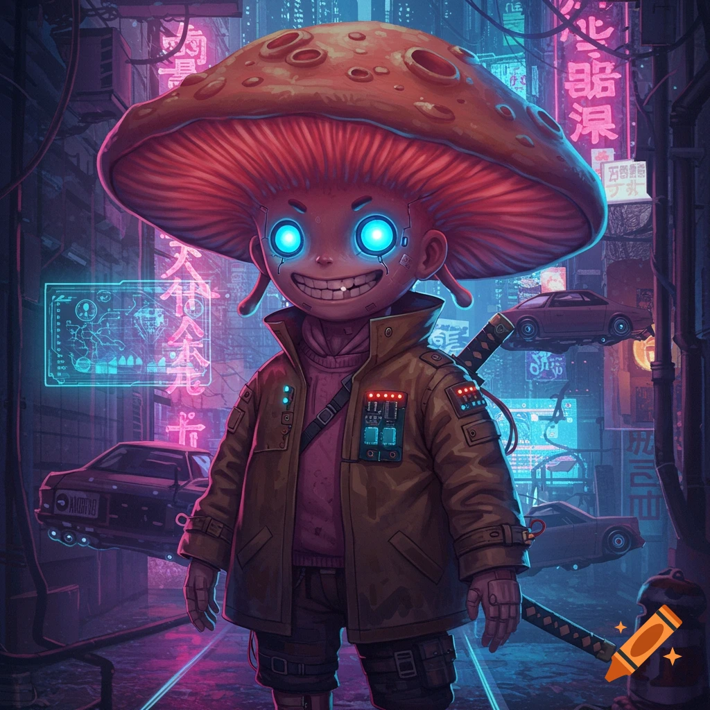 Anime mushroom boy in a cyberpunk city at night