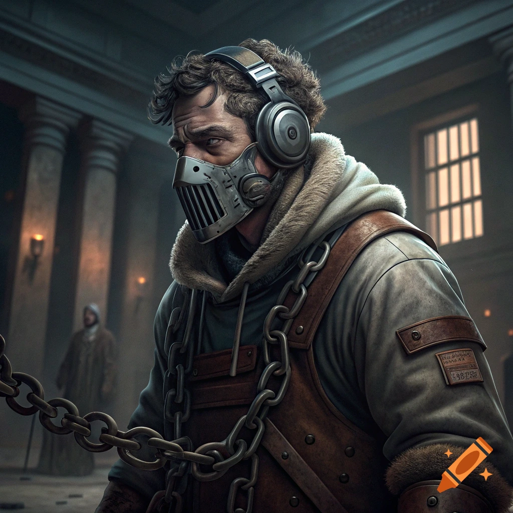 Man in metal mask, headphones, fur-lined hood, and chains stands in a dark, pillared room.
