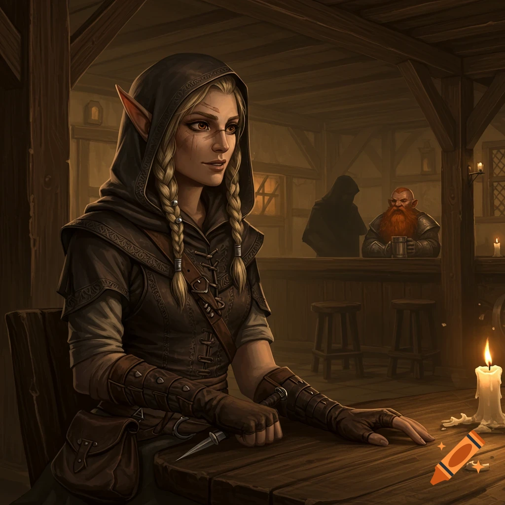 Female elf rogue in a hooded cloak sits at a table in a dimly lit fantasy tavern.