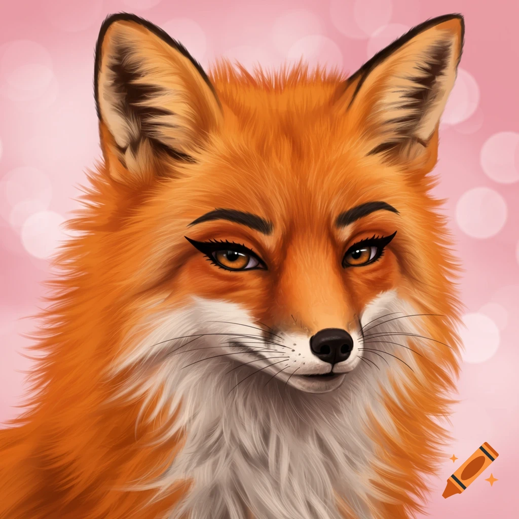 Close-up digital illustration of a sassy fox with black eyeliner on a pink bokeh background.