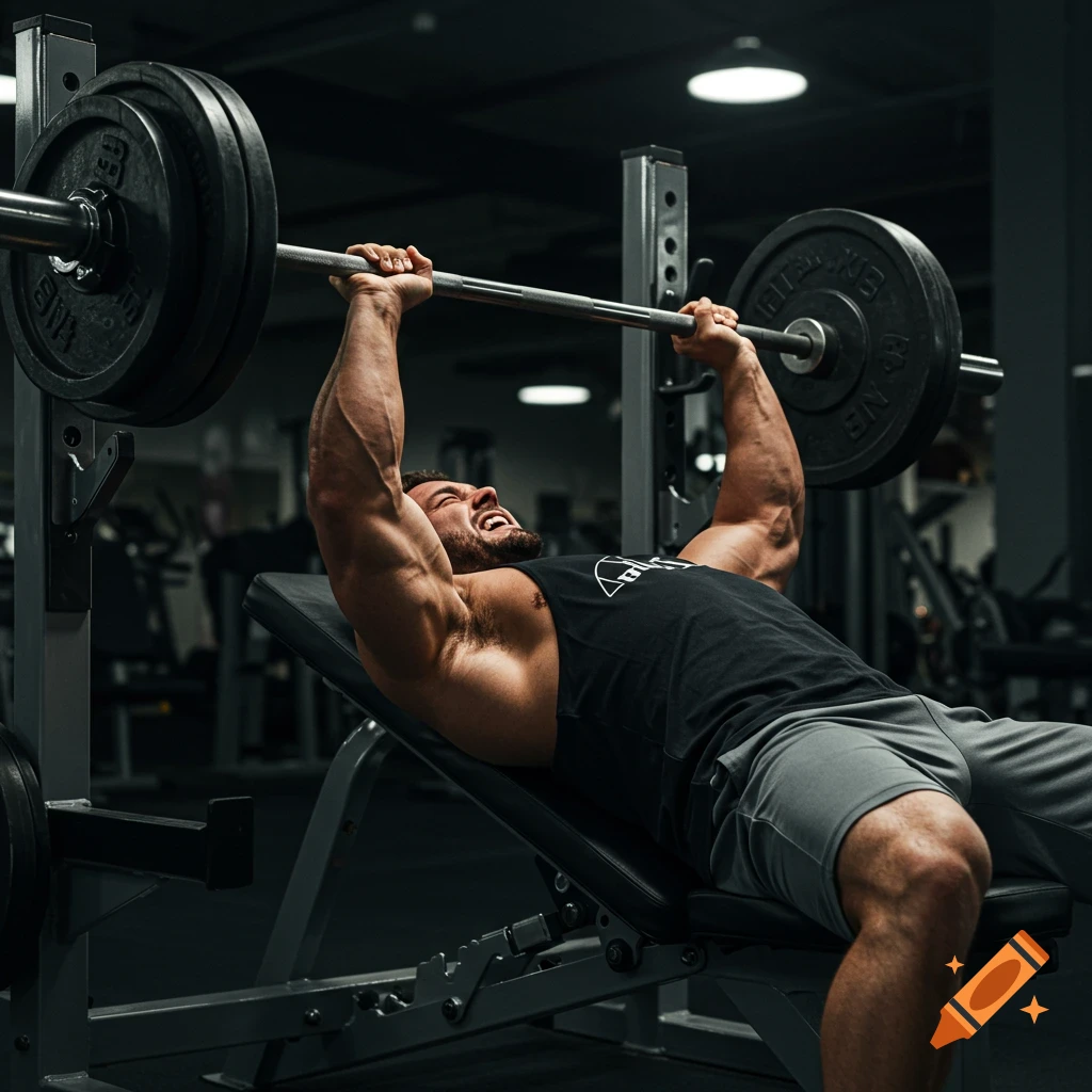 Person bench pressing a barbell in a gym