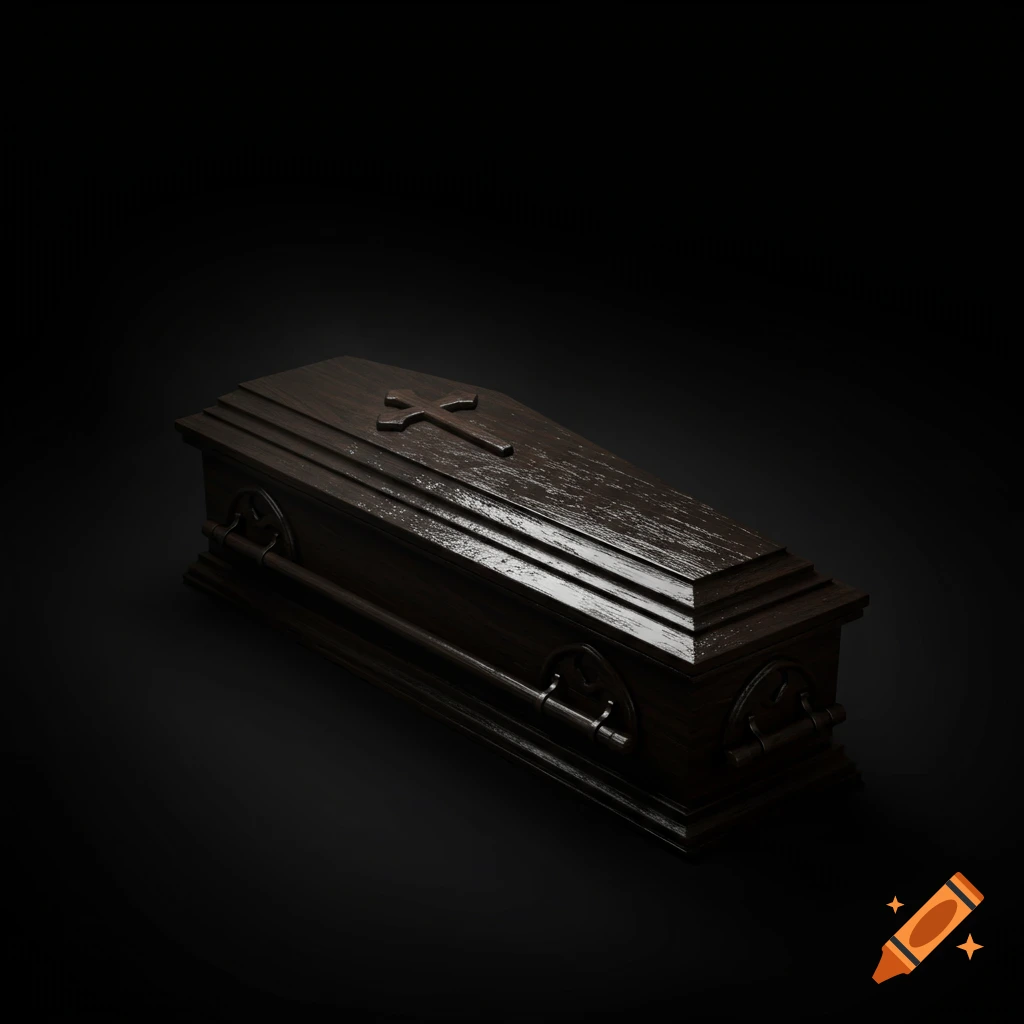 A dark wooden coffin with a cross symbol on the lid sits on a black background.