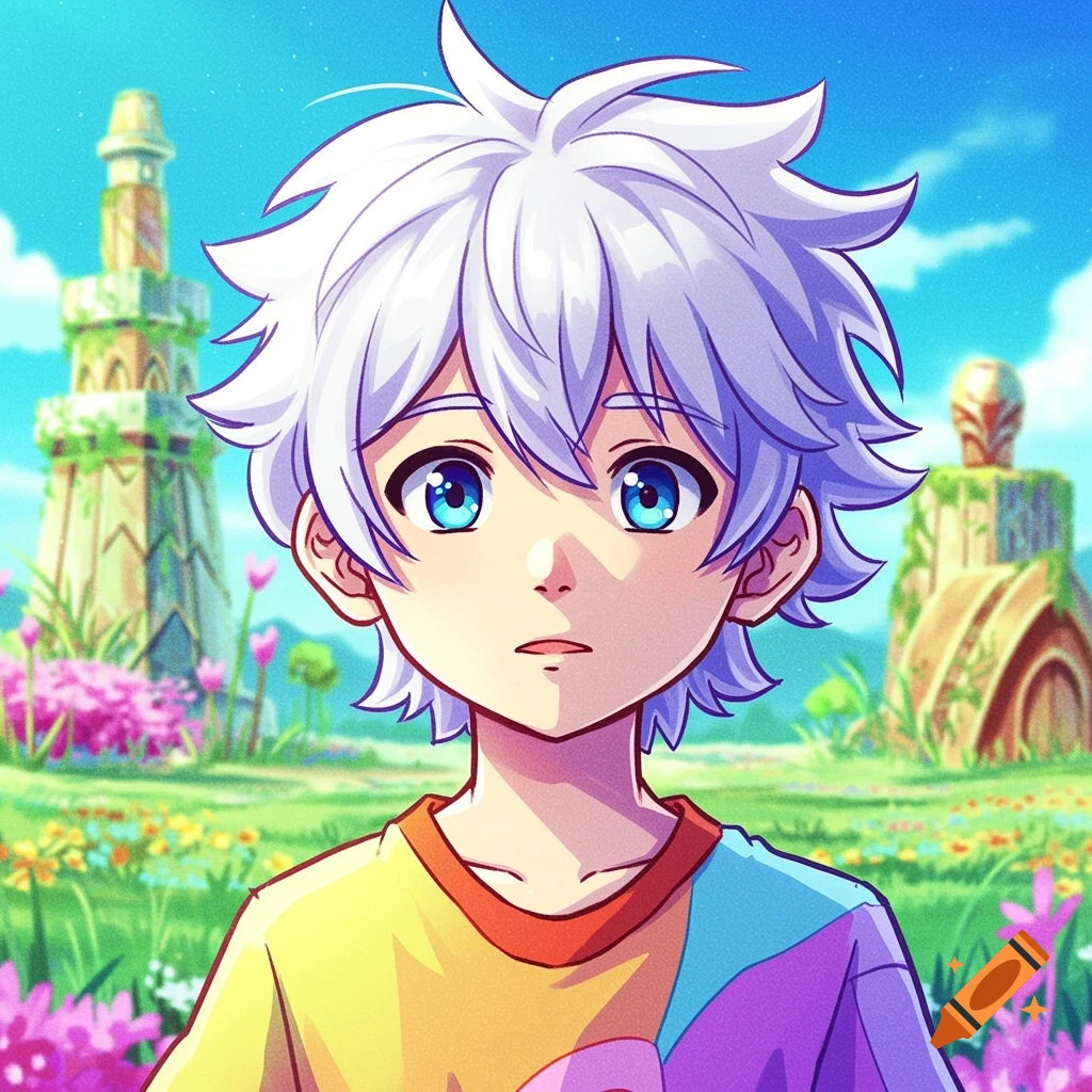 A young boy with white hair and blue eyes in an anime style stands in a vibrant fantasy landscape with ruins.