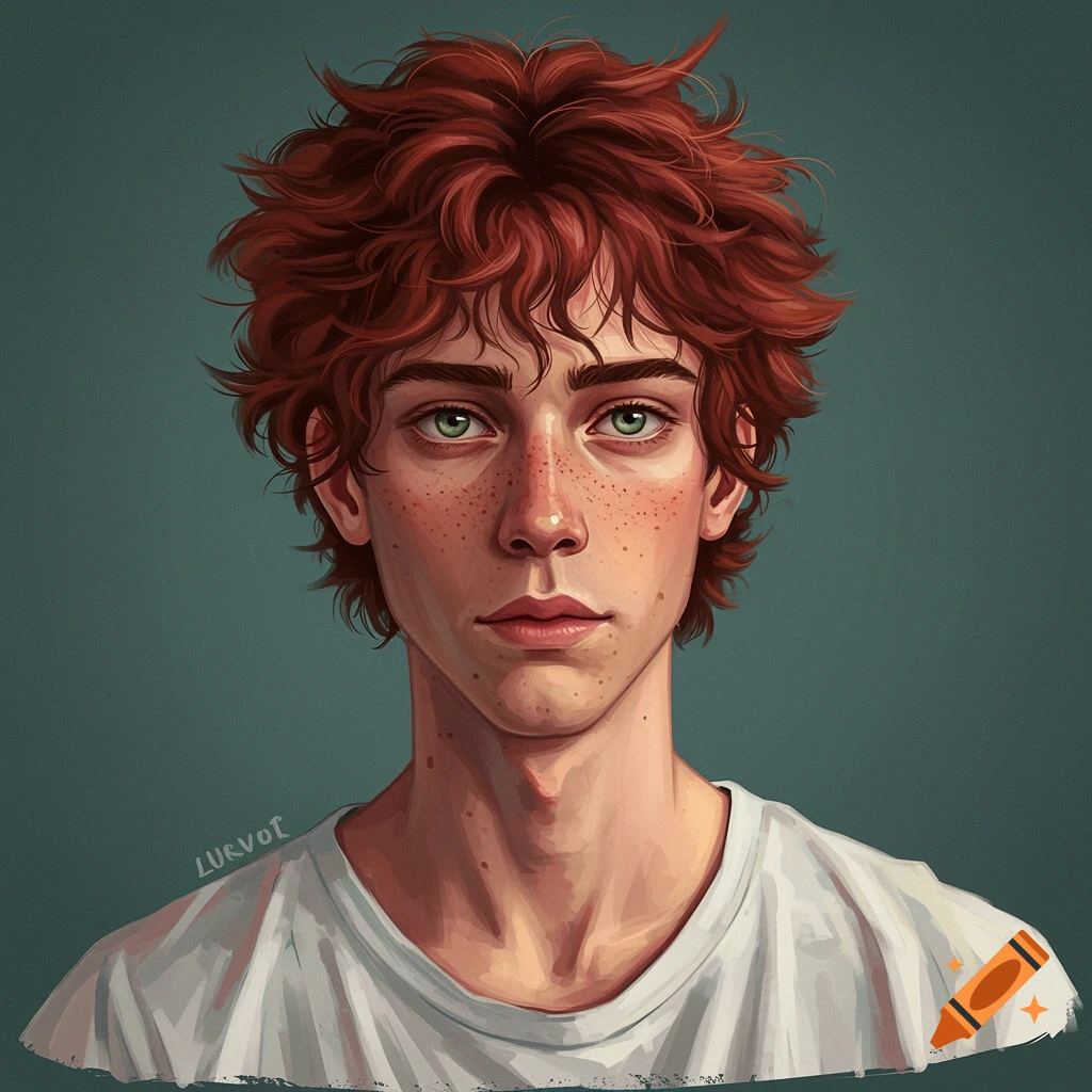 A portrait of a young person with messy red hair, green eyes, and freckles wearing a white t-shirt.