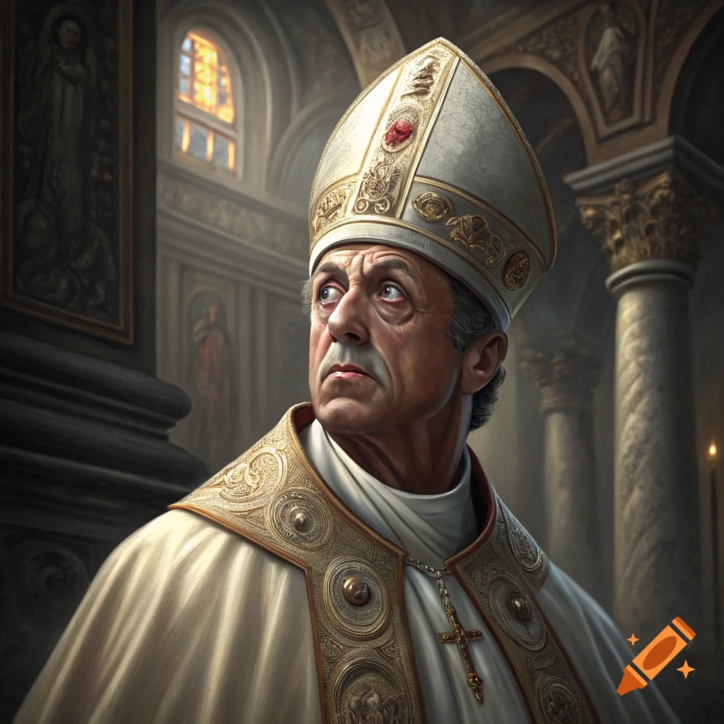 Portrait of a man resembling Sylvester Stallone in a bishop's mitre and robes, standing in a church.