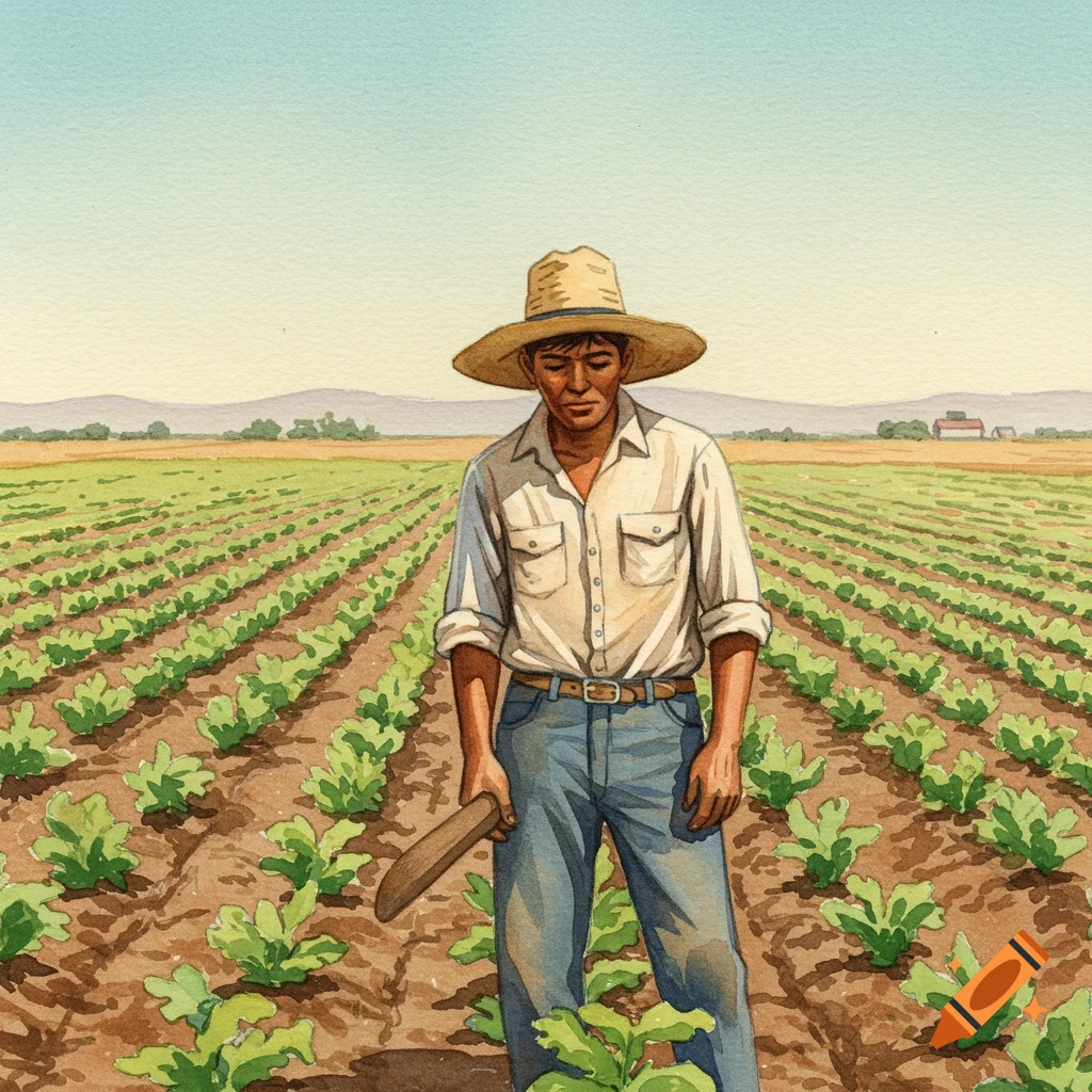 Watercolor painting of a person standing in a field with a hoe.