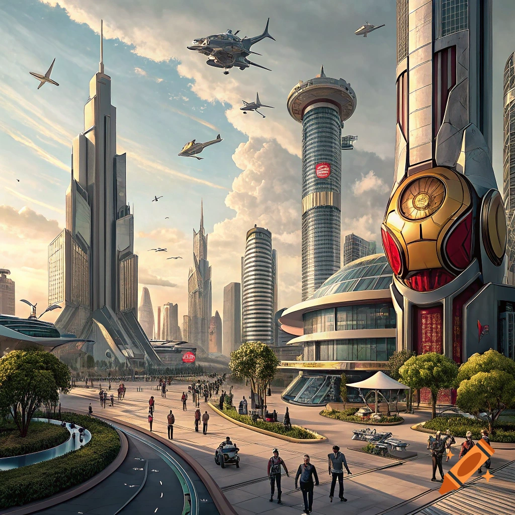 A futuristic cityscape with tall buildings, flying vehicles, and people walking on a wide street under a cloudy sky.