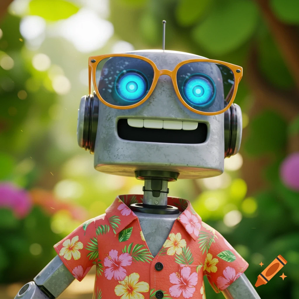 A happy robot in sunglasses and a Hawaiian shirt in a sunny garden