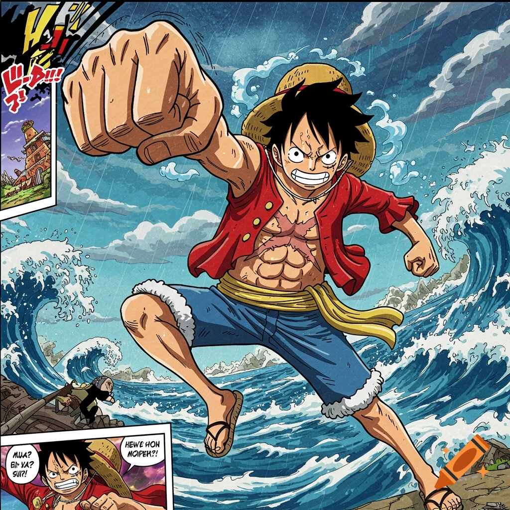 Luffy from One Piece jumps with a raised fist in a comic panel style.