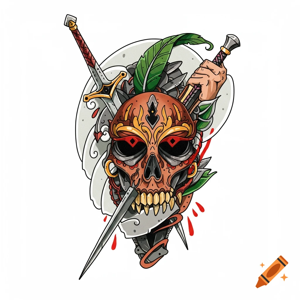 Stylized illustration of a skull with swords, leaves, and blood drops