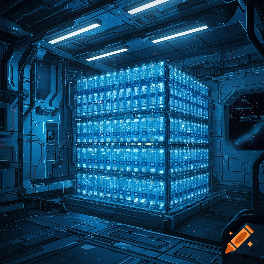 A large, glowing blue battery storage cube in a futuristic metallic room looking out at space.