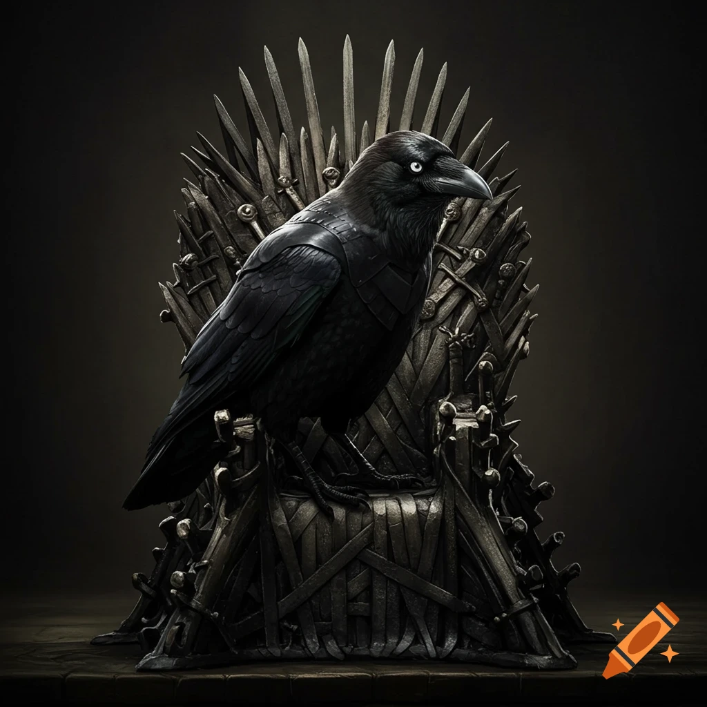 A black crow sits on a menacing throne made of swords.