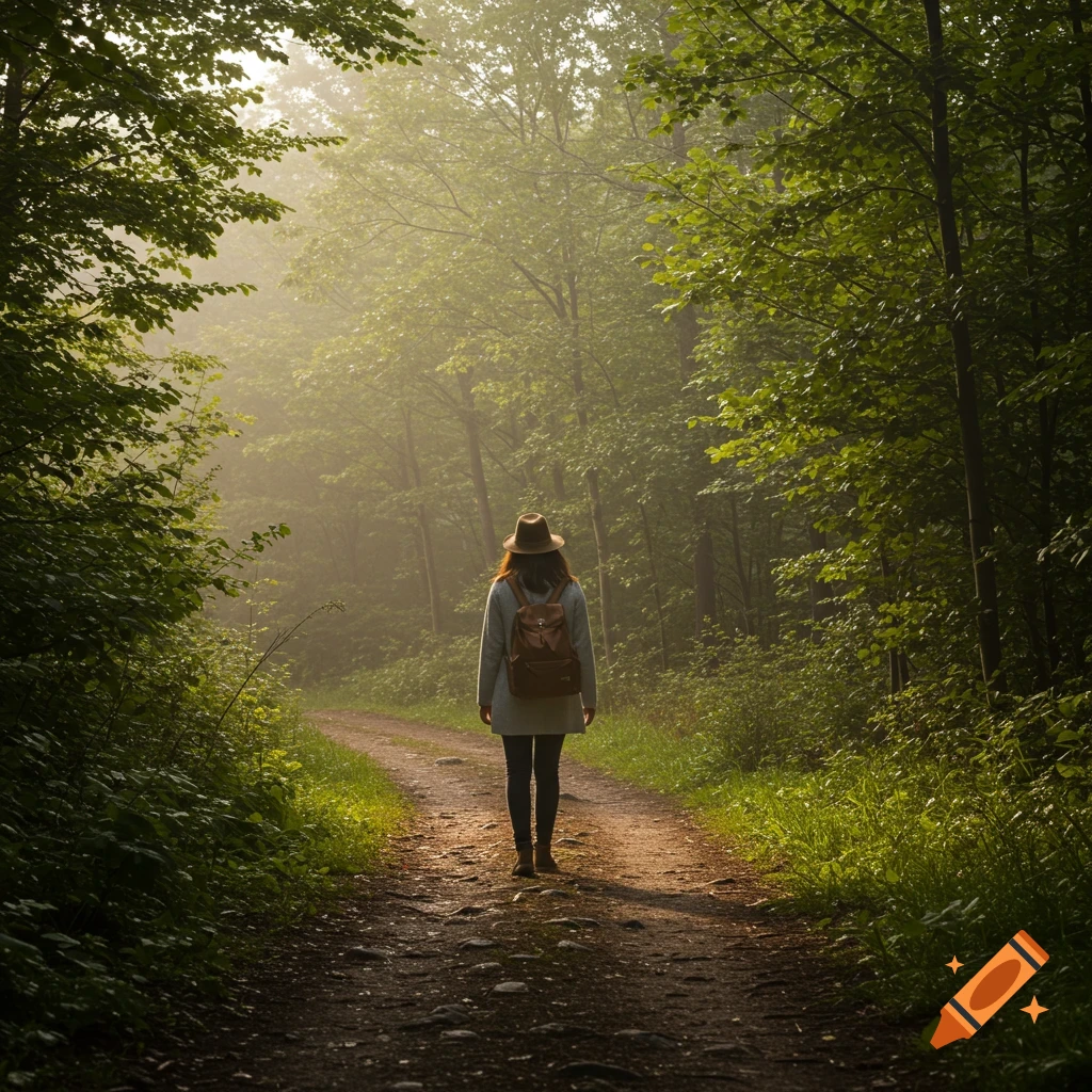 Person hiking on a trail through a misty forest.