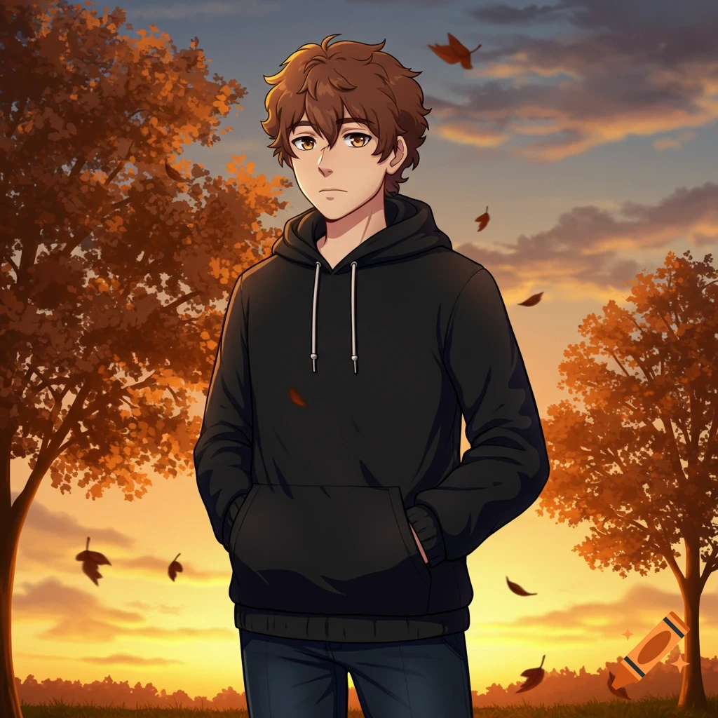 Anime portrait of a young man in a black hoodie standing in an autumn park at golden hour.