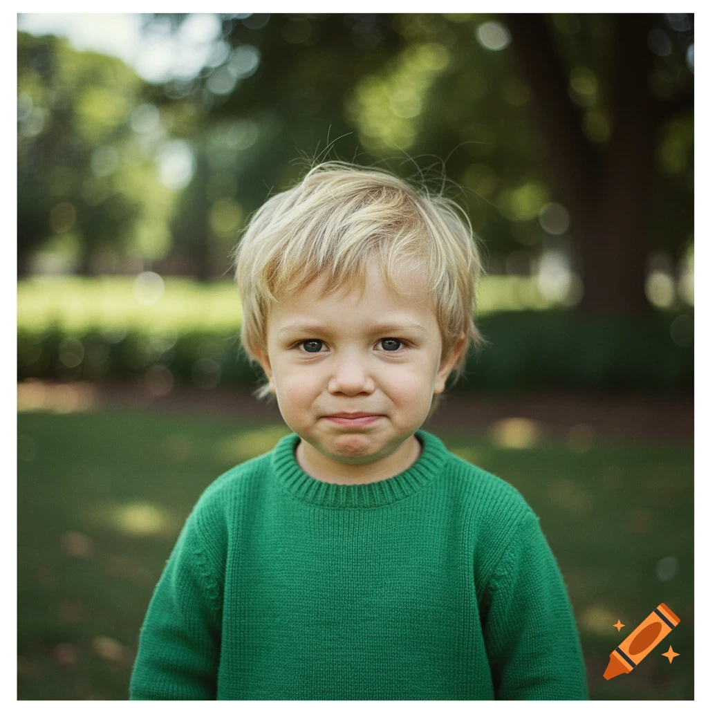 Portrait of a young boy with blonde hair in a green sweater looking at the camera in a park.