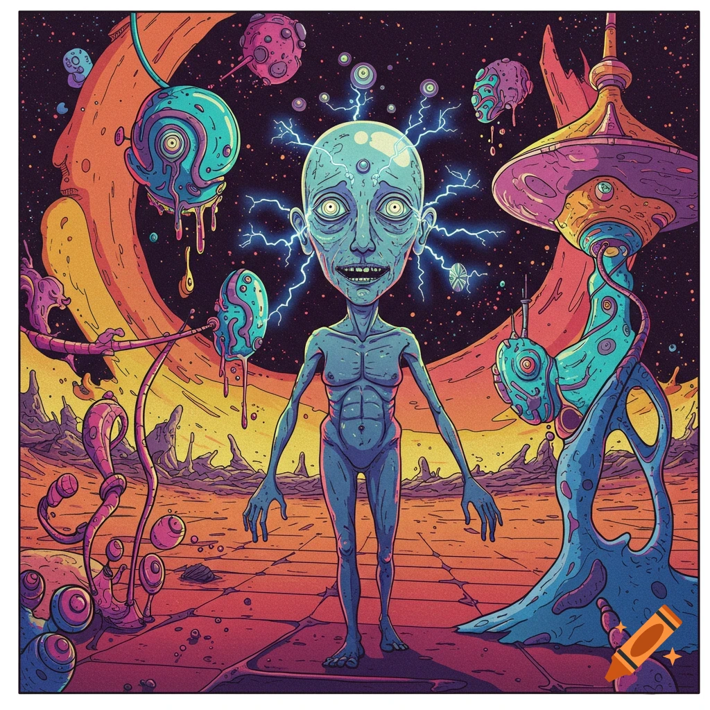 A blue alien figure stands in a bizarre, colorful alien landscape with strange plants and floating objects, stylized.