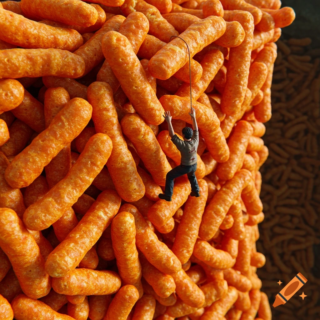 Tiny person climbing a giant cliff made of cheese puffs.