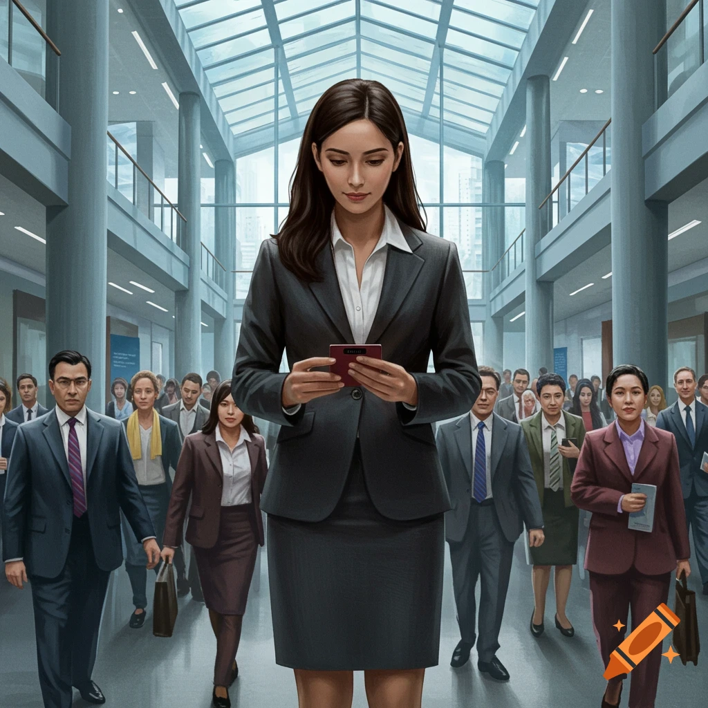 A woman in a business suit looks at her phone in a crowded modern building.