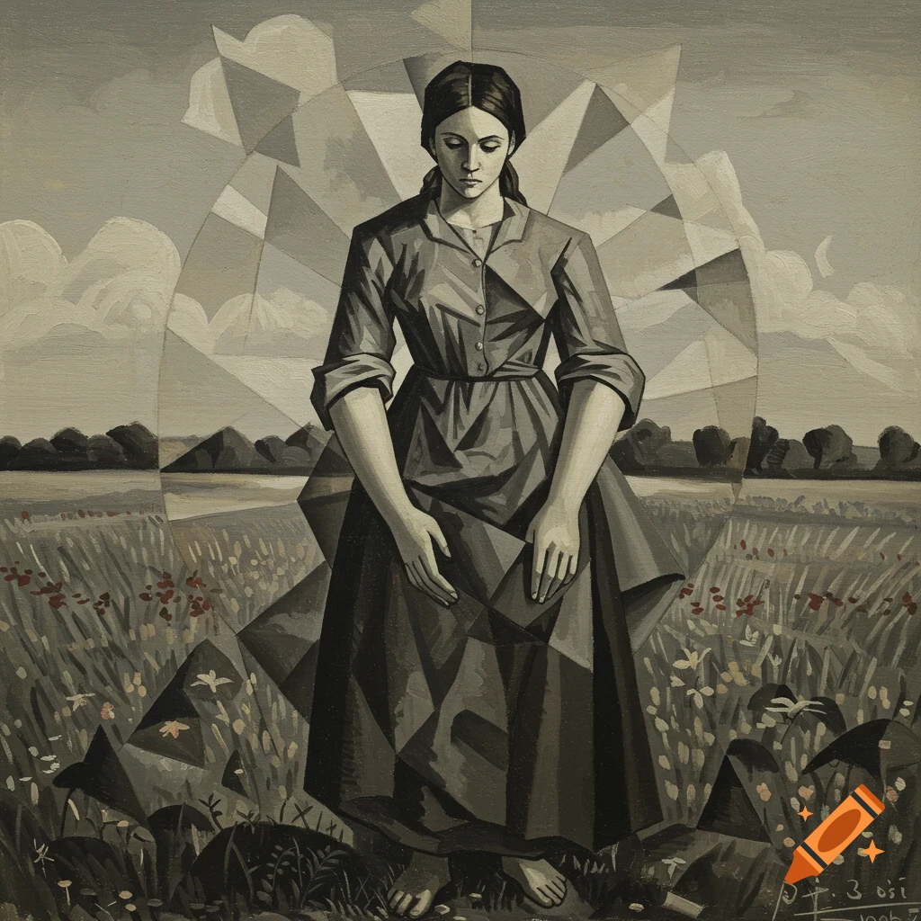 Cubist painting of a woman standing in a field.
