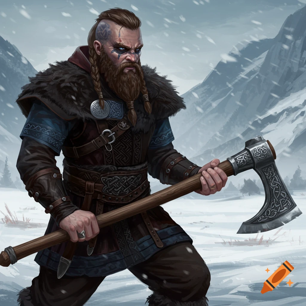 A fierce Viking hunter holds an axe in a snowy landscape.