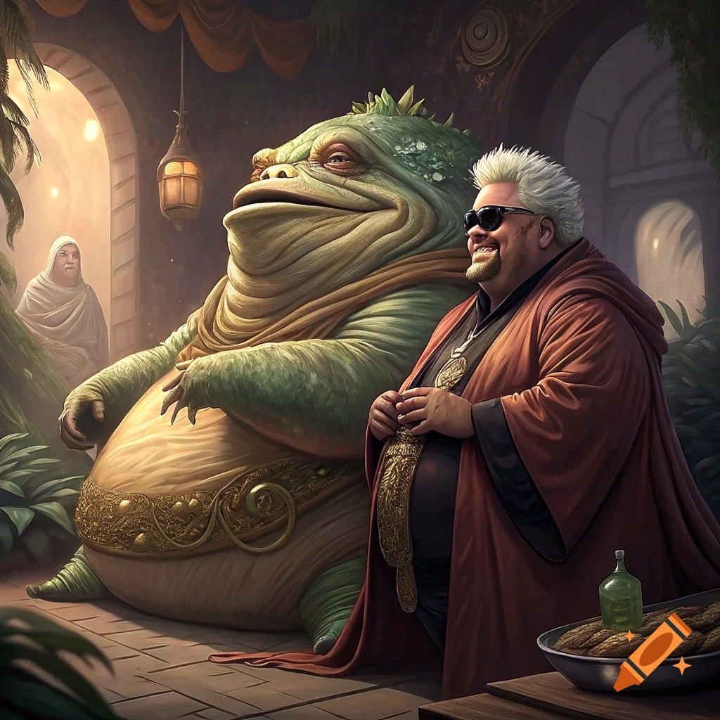 Guy Fieri as Jabba the Hutt sits in a palace throne room next to the creature.
