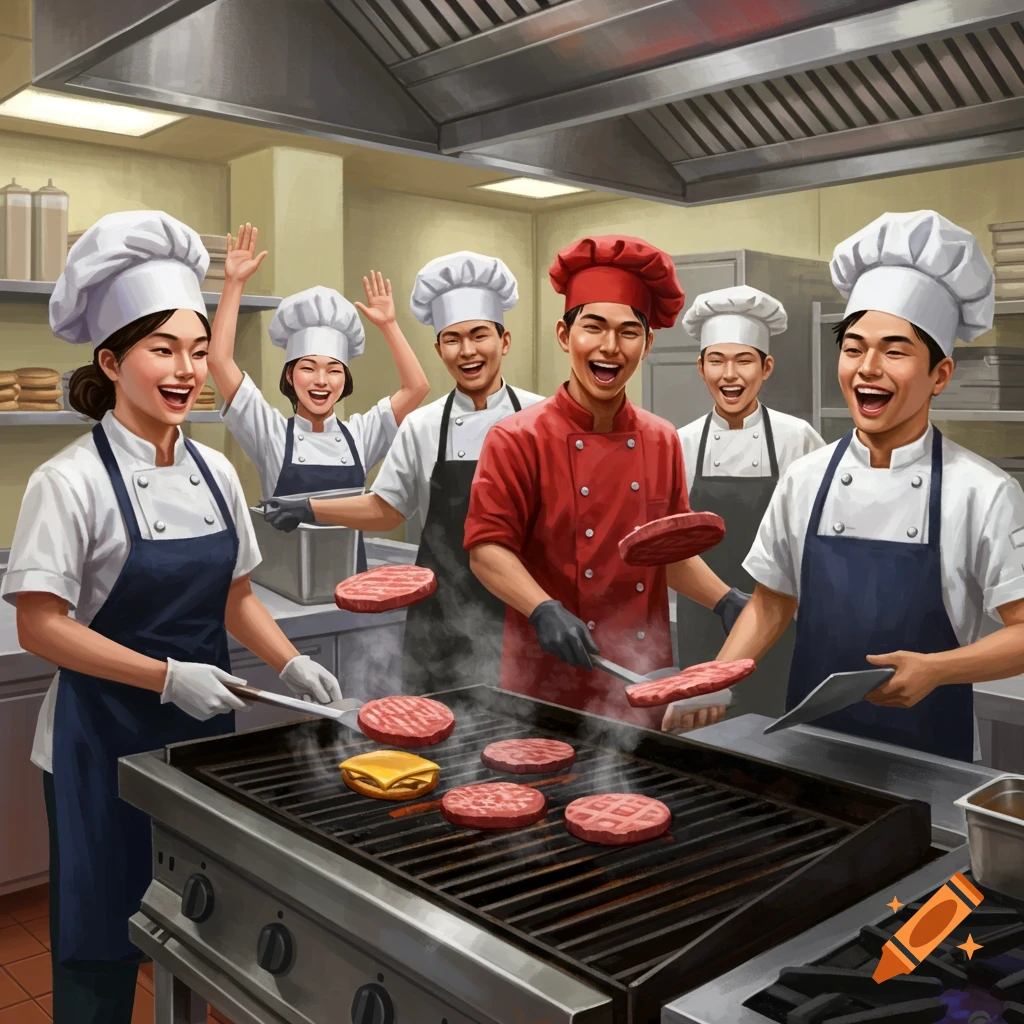 Happy chefs grill burgers in a kitchen.