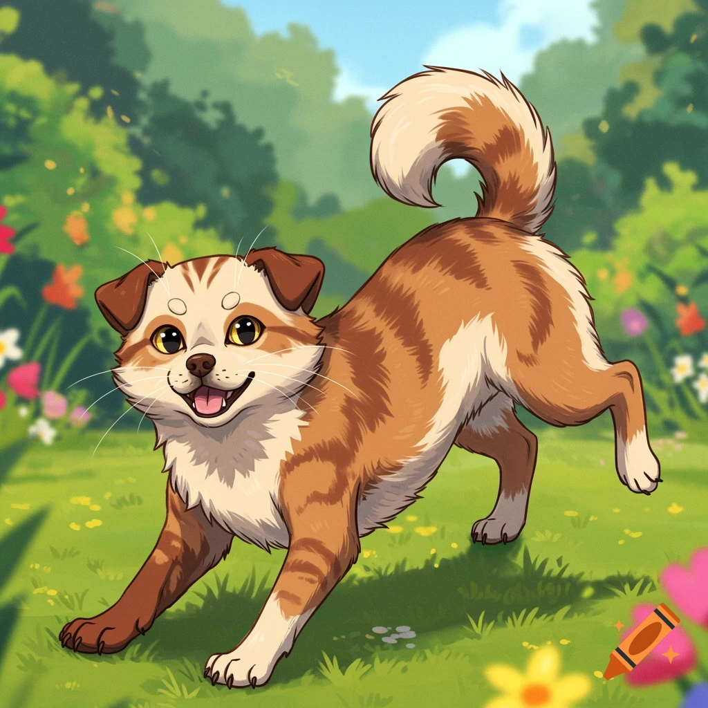 A cartoon CatDog creature with orange and white fur plays in a colorful garden.