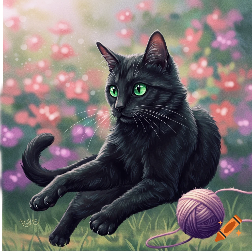 A black cat sits in a garden with a ball of yarn.