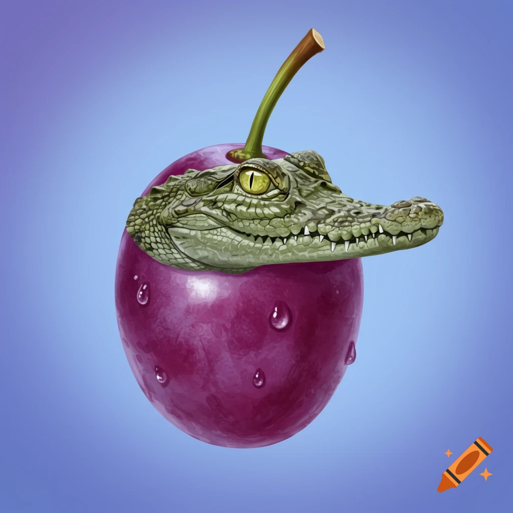 A crocodile head emerges from a large purple cherry with water droplets.