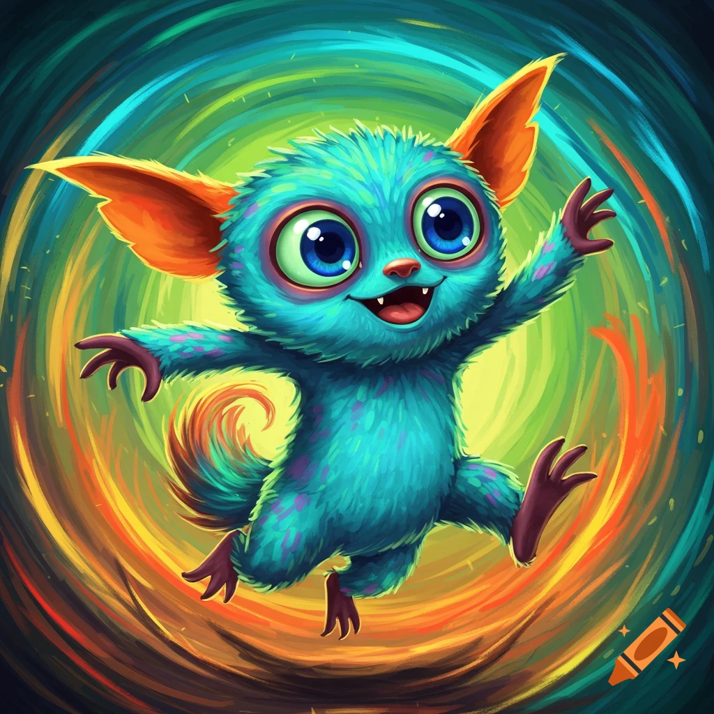 Cute blue furry monster with big eyes jumping in a swirl of colorful light.