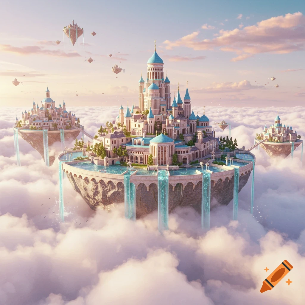 A majestic fantasy castle city floats on an island in the sky surrounded by clouds, with waterfalls pouring over the edge.
