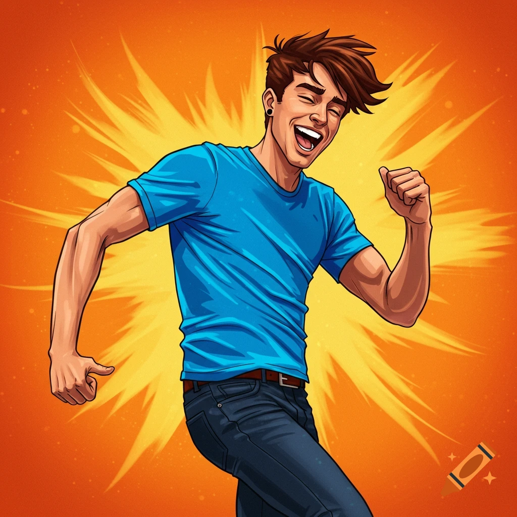 A man is dancing happily against an orange background.