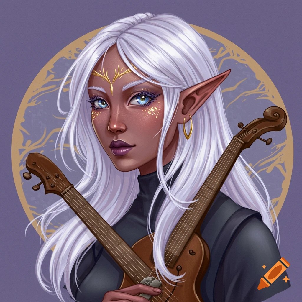 A female elf with white hair and golden forehead markings, holding two string instruments.