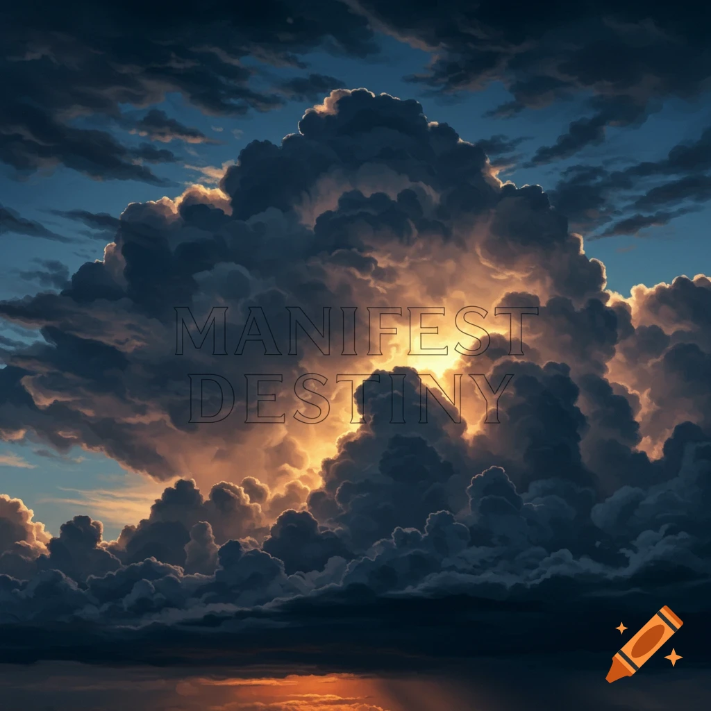 Dramatic, dark clouds with the text 'MANIFEST DESTINY' integrated, set against a sunset sky.