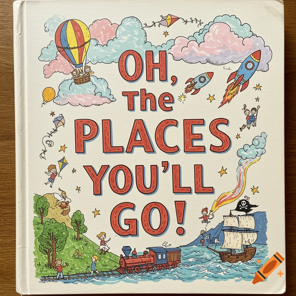 Book cover for 'Oh, the Places You'll Go!' with whimsical illustrations of travel elements and children.