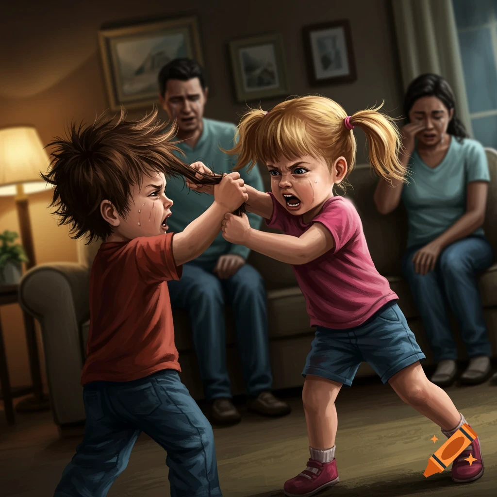 Two children fight aggressively while their parents weep in the background.