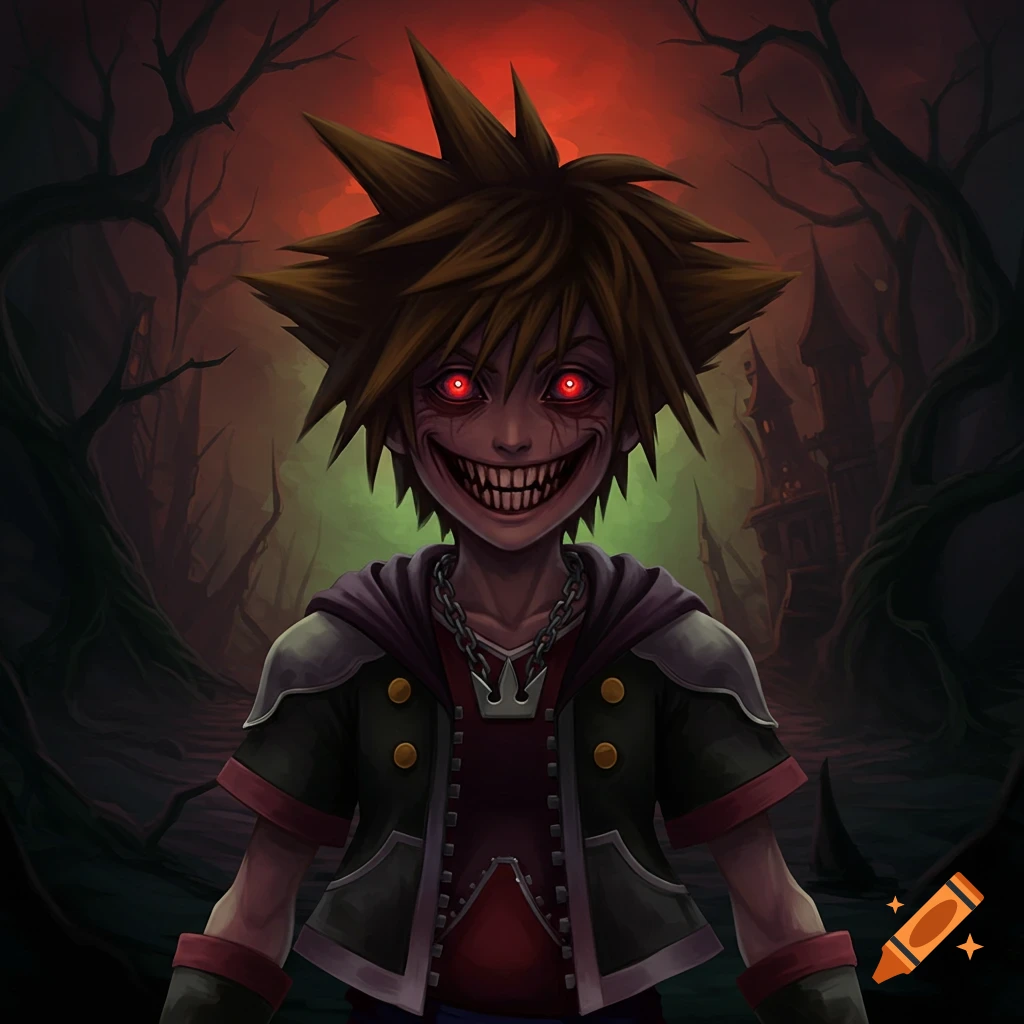 A creepy version of Sora from Kingdom Hearts with sharp teeth and red eyes, standing in a spooky forest at dusk.