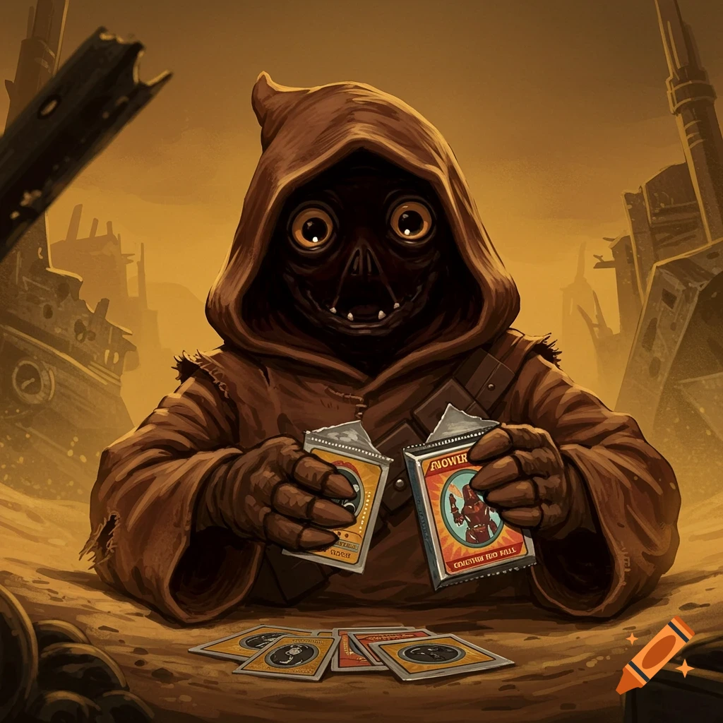 A creature similar to a Jawa opening a pack of trading cards with others scattered on the ground.