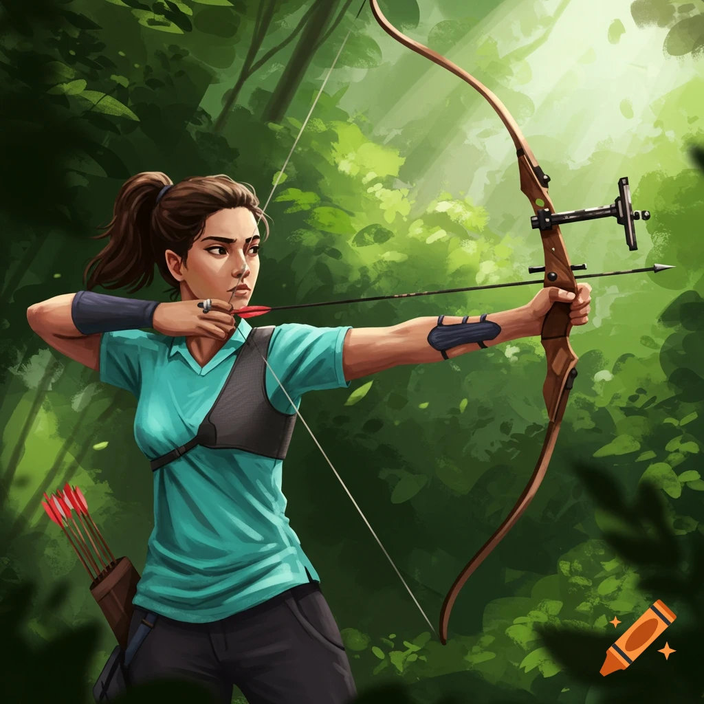 A woman is doing archery in a forest.