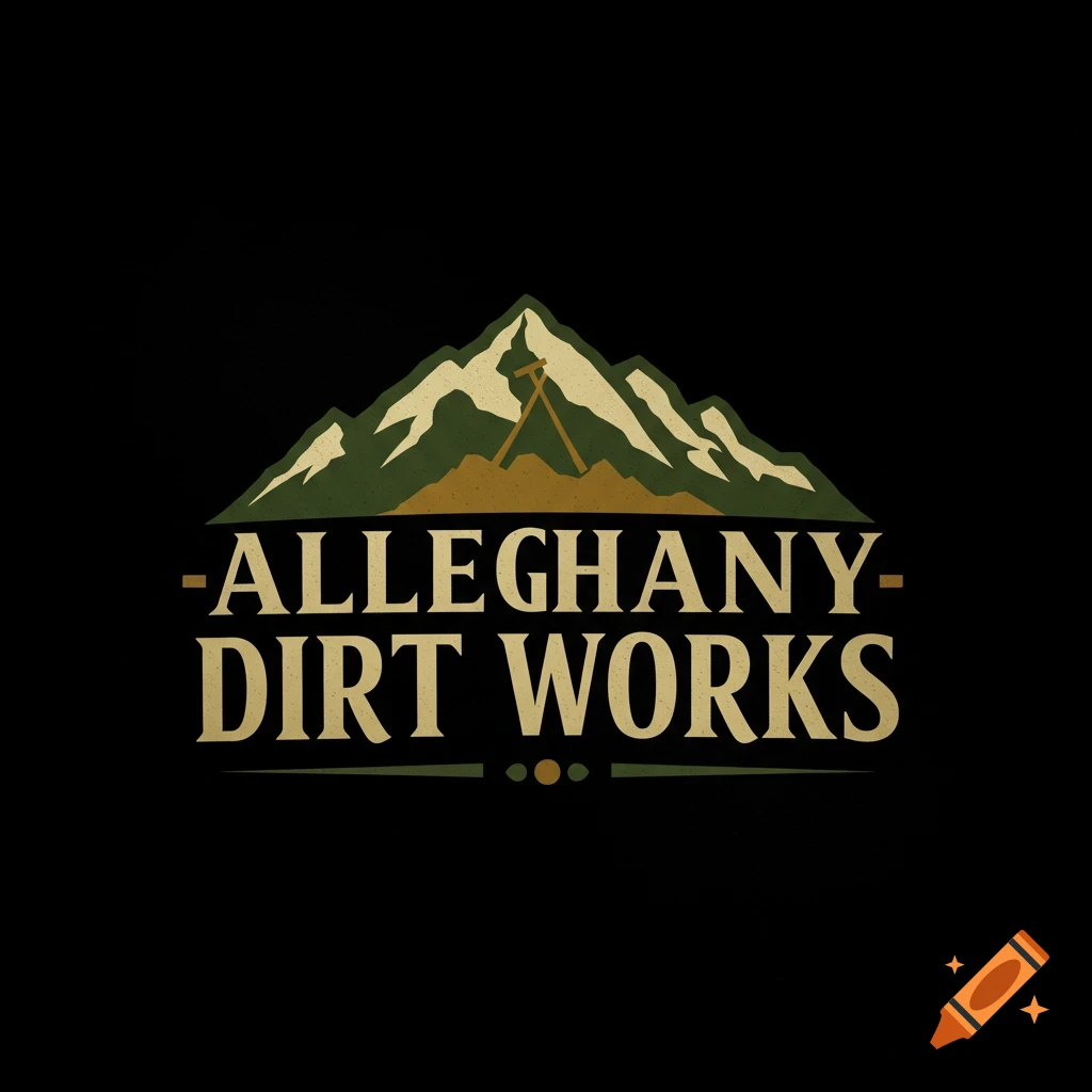 Logo for Alleghany Dirt Works with mountains and mining structure.