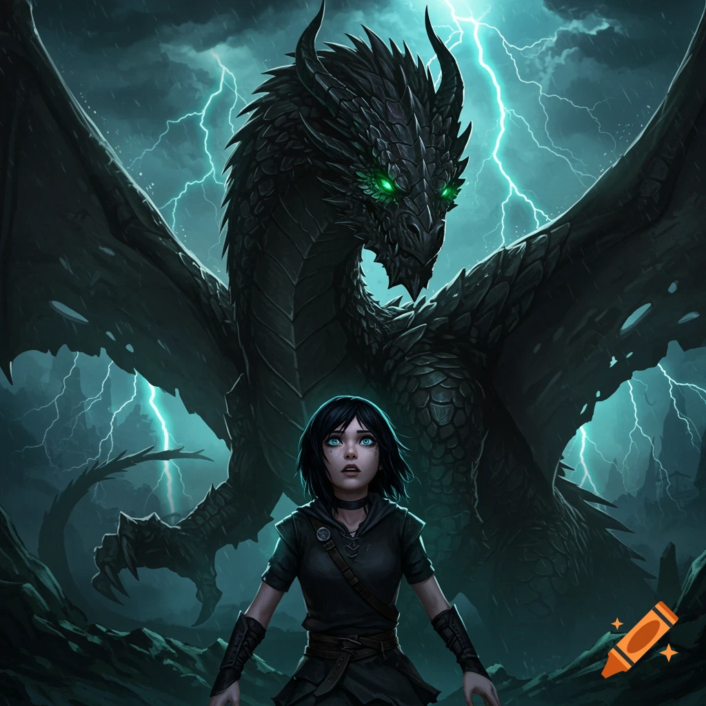 A young girl stands before a massive black dragon under a stormy sky with lightning, fantasy art.