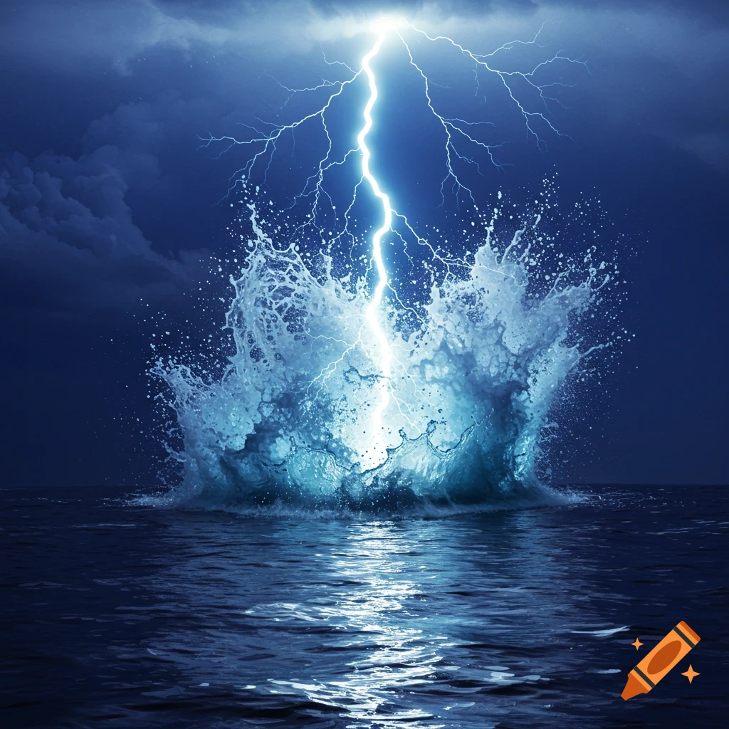 A lightning bolt strikes the ocean, causing a large splash under a dark, stormy sky.
