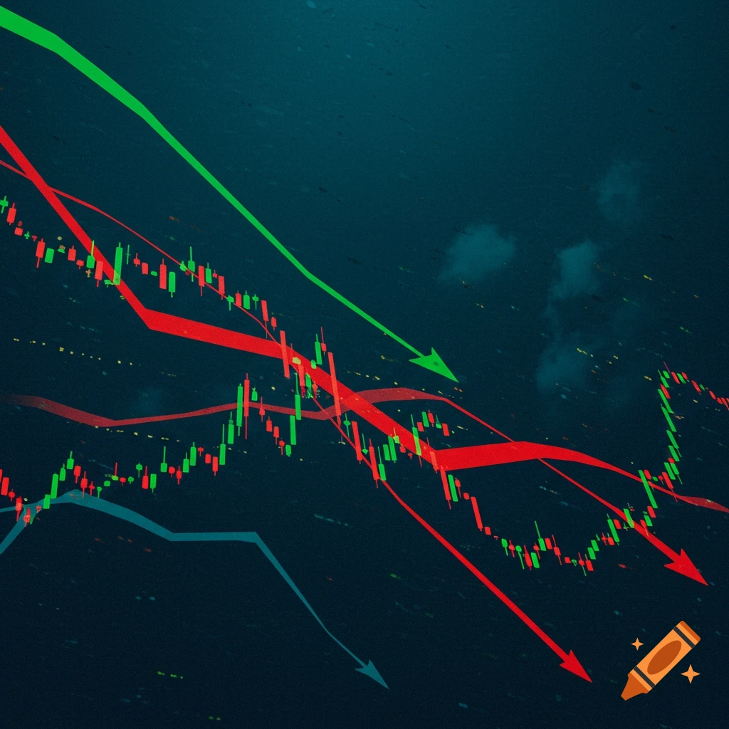 Stock market candlestick charts with red, green, and blue trend arrows.