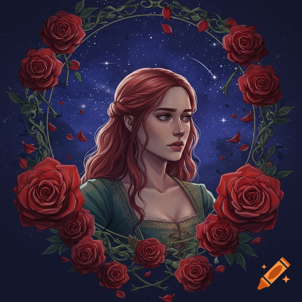 A woman with red hair in a green dress is framed by a wreath of red roses against a starry night sky.