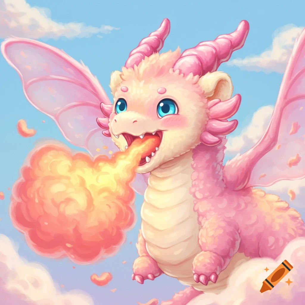 A cute cartoon pink dragon breathes fire while flying through clouds.